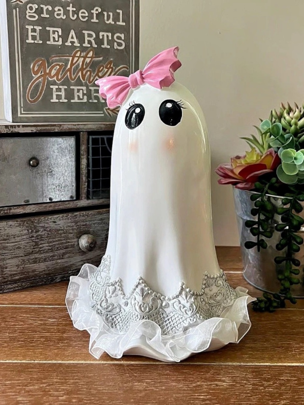 New 10” Cute Ghost Figurine with Pink Bow Halloween Decor Spooky Season